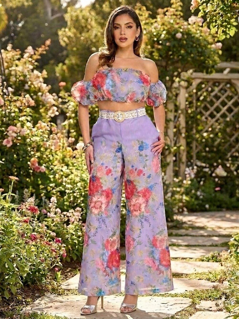 Off Shoulder Floral Print Pant Set